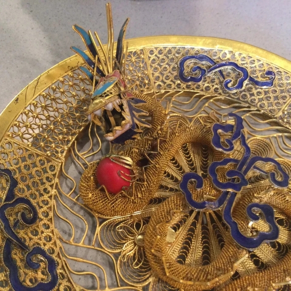 Dragon Filigree Cloisonne 3D Asian Decor Gold w Color ! - Picture 16 of 16